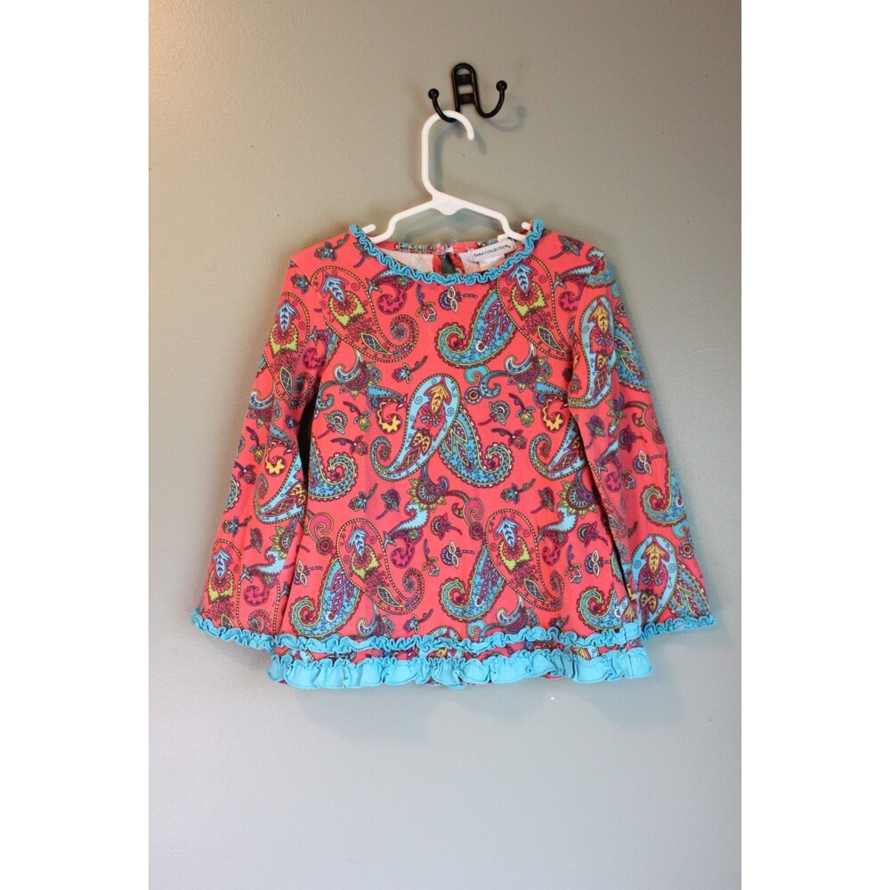 Tara Collection Girls Long-sleeve Shirt Coral Blue Paisley Size 4T